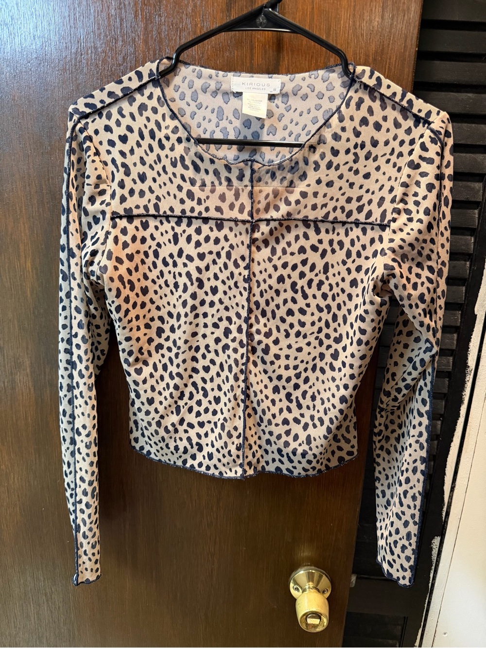 Leopard Print Long-Sleeve Crop Top in Beige and Black mesh lined size medium